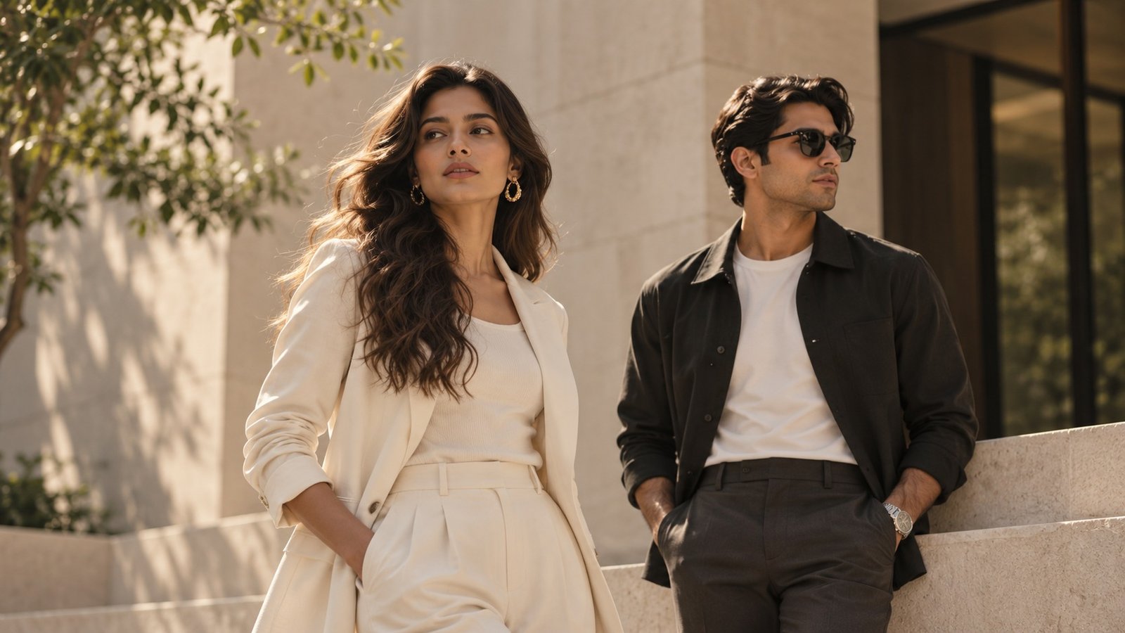 Fashion editorial featuring contemporary women's tailoring and men's smart casualwear