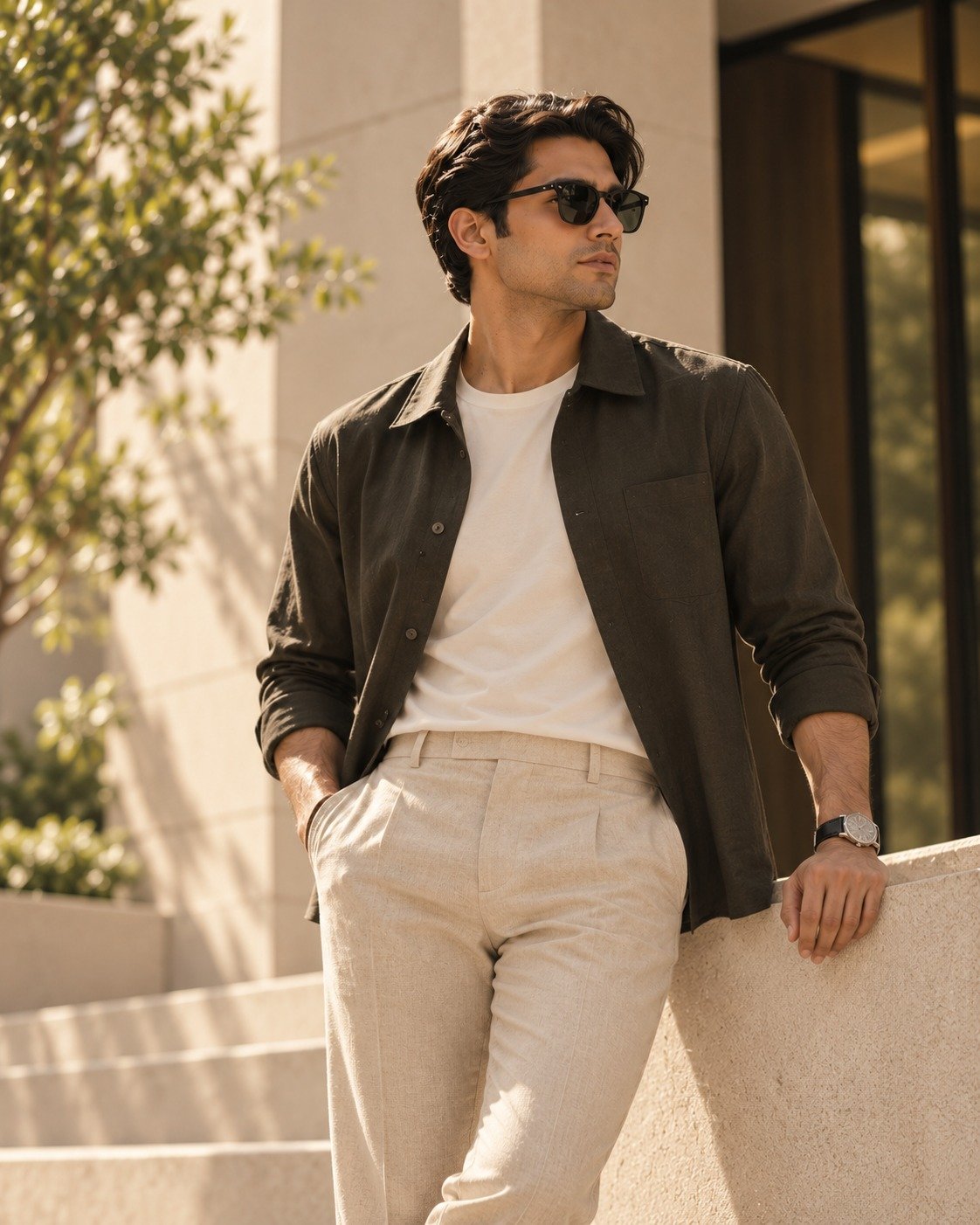 Man in olive smart casual shirt